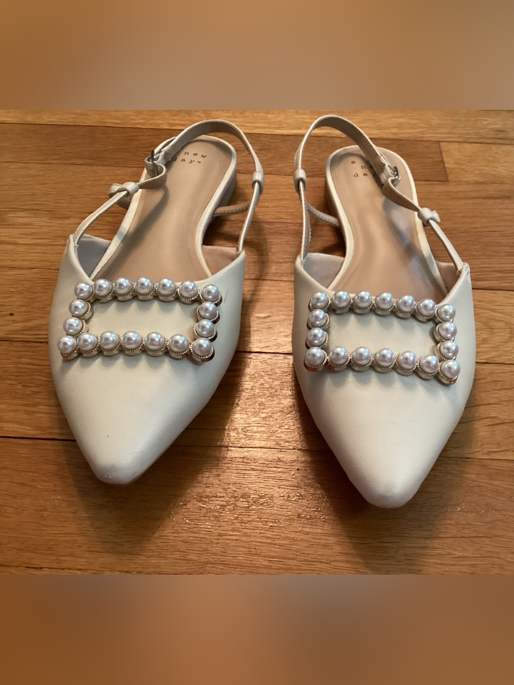 Ivory Pearl-Embellished Pointed Slingback Flats